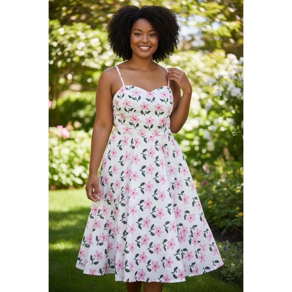 Magnolia Place Unique Vintage Pink Floral Eyelet 1950s Circle Swing Dress XXL